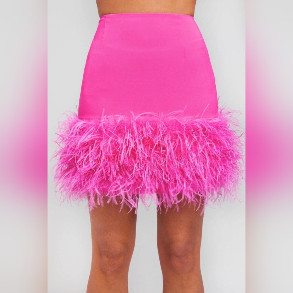 NADINE MERABI Mia Pink Feather Trim Skirt S NWT